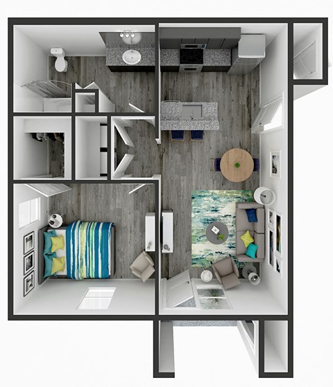 Floor plan for 1 bed, 1 bath, 722 sqft
